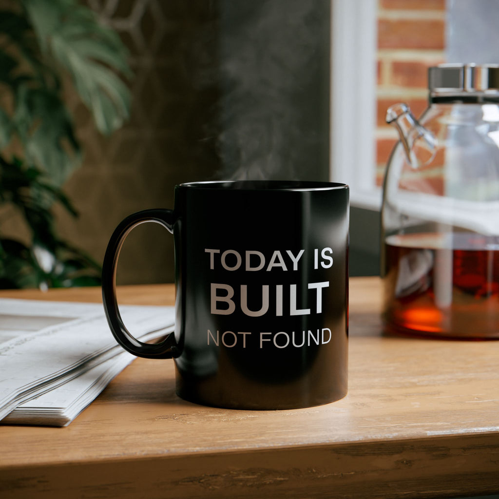 Black mug with 'Today is Built Not Found' text on a wooden table with a blurred background