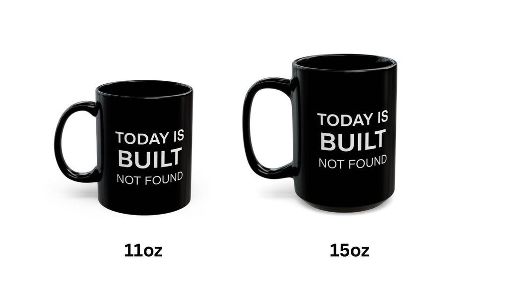 Two black mugs with text on a white background