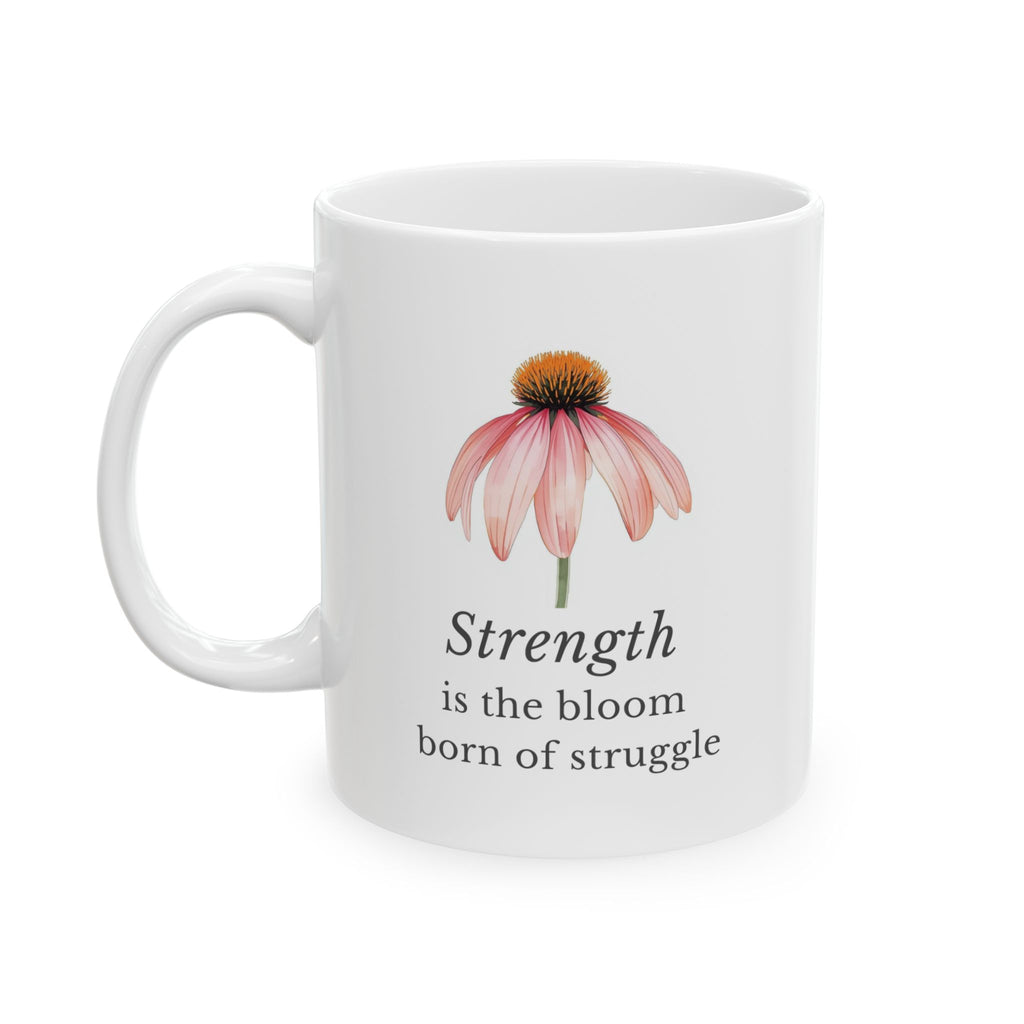 White ceramic mug with a echinacea illustration and motivational quote on a white background