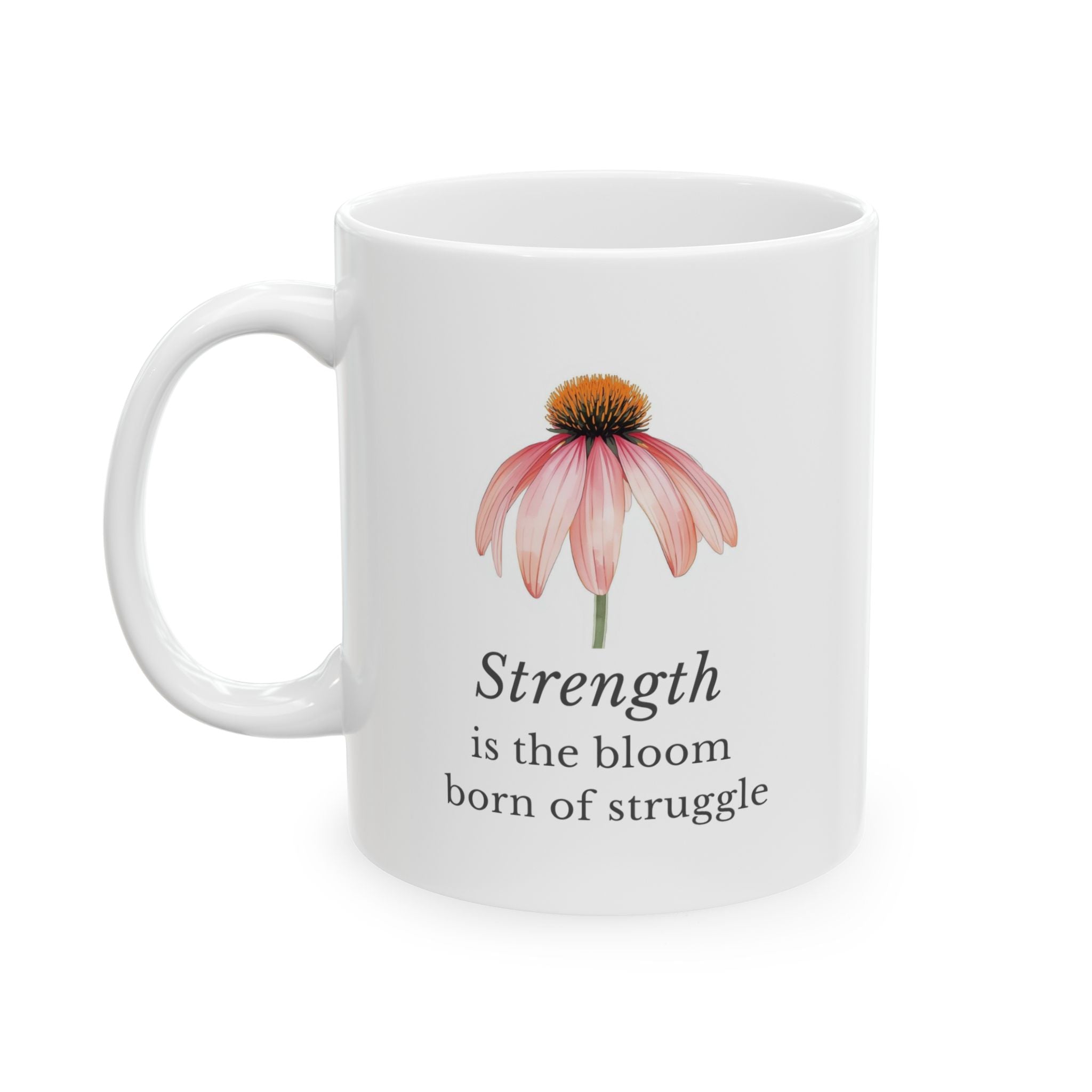 White ceramic mug with a echinacea illustration and motivational quote on a white background