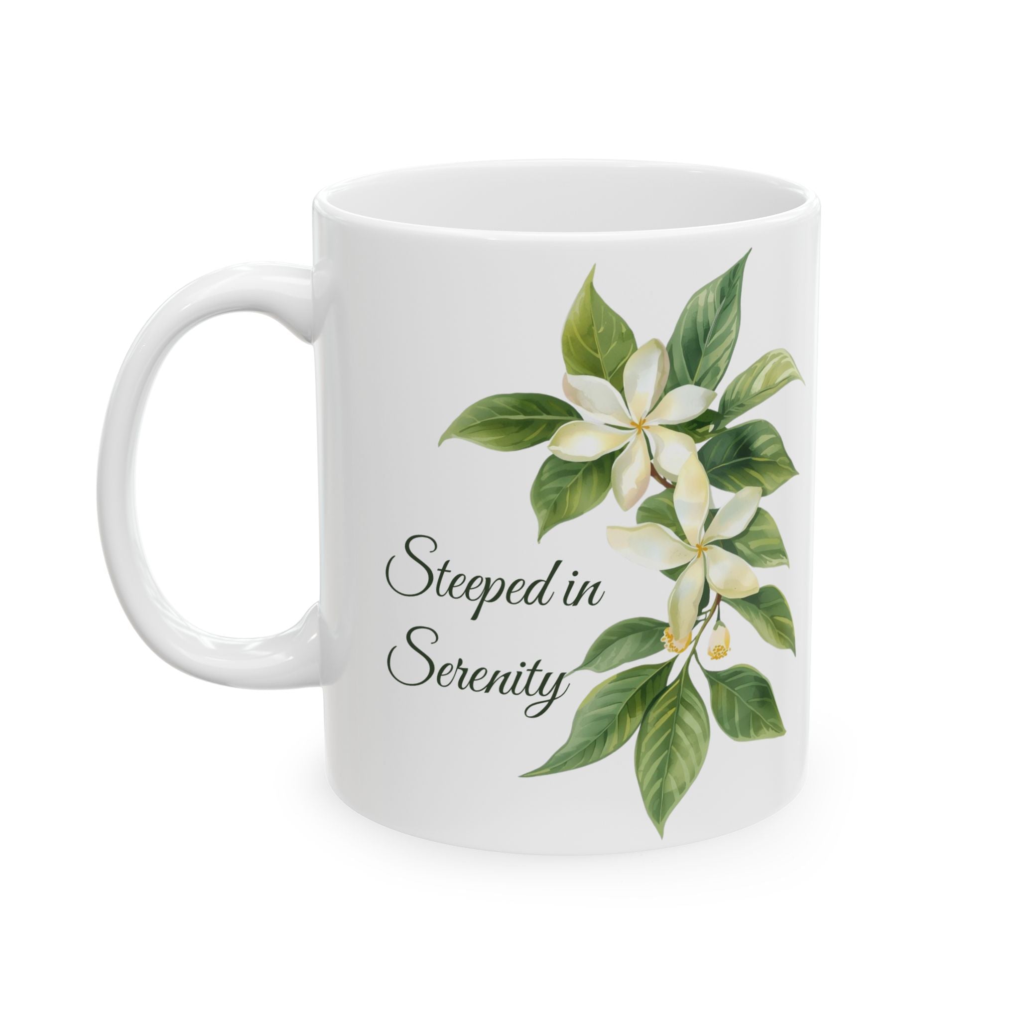 White ceramic mug with jasmine flower design and 'Steeped in Serenity' text on a white background
