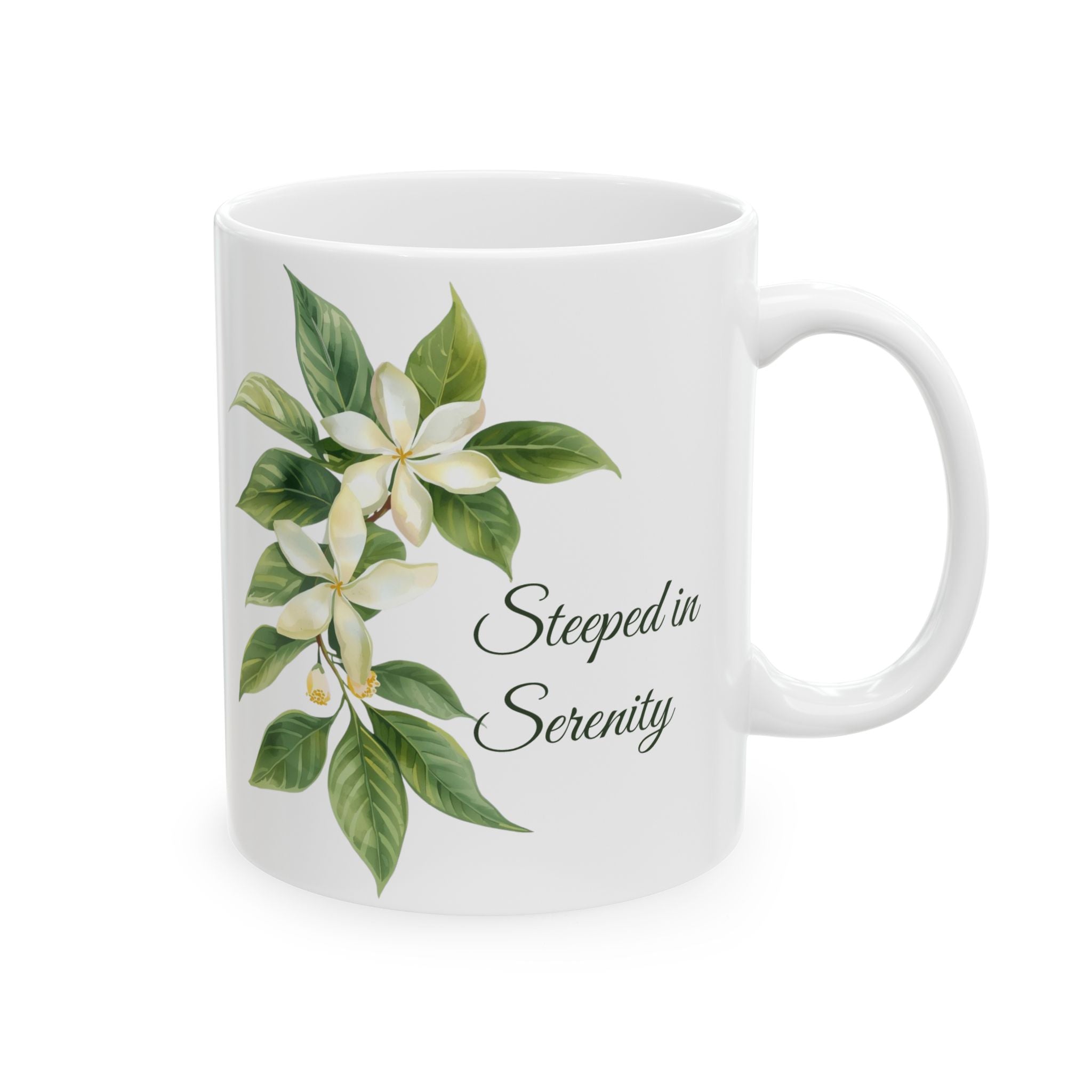 White ceramic mug with jasmine flower design and 'Steeped in Serenity' text on a white background