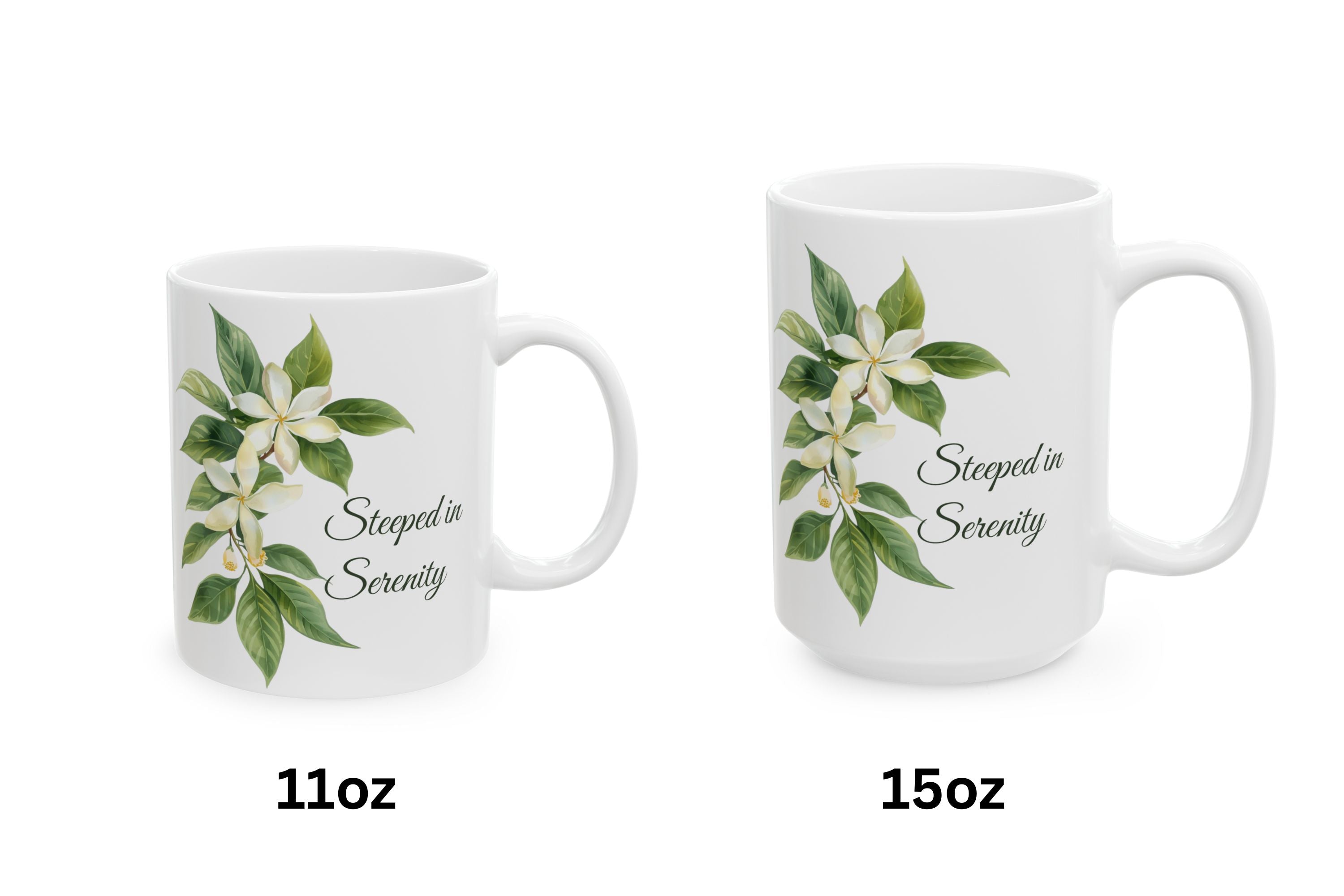 Two white ceramic mugs with jasmine flower designs and text on a white background