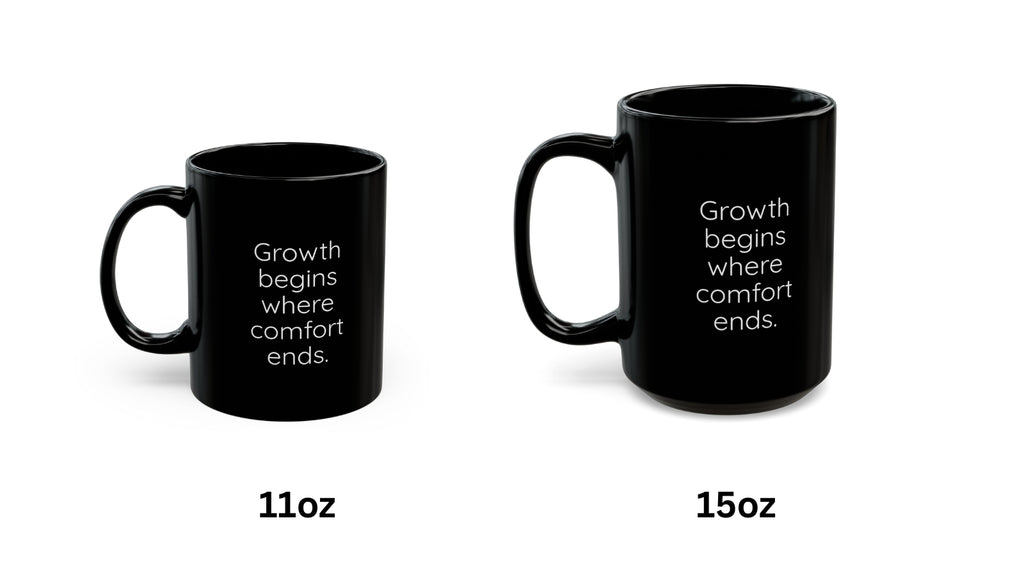 Two black mugs with text on a white background