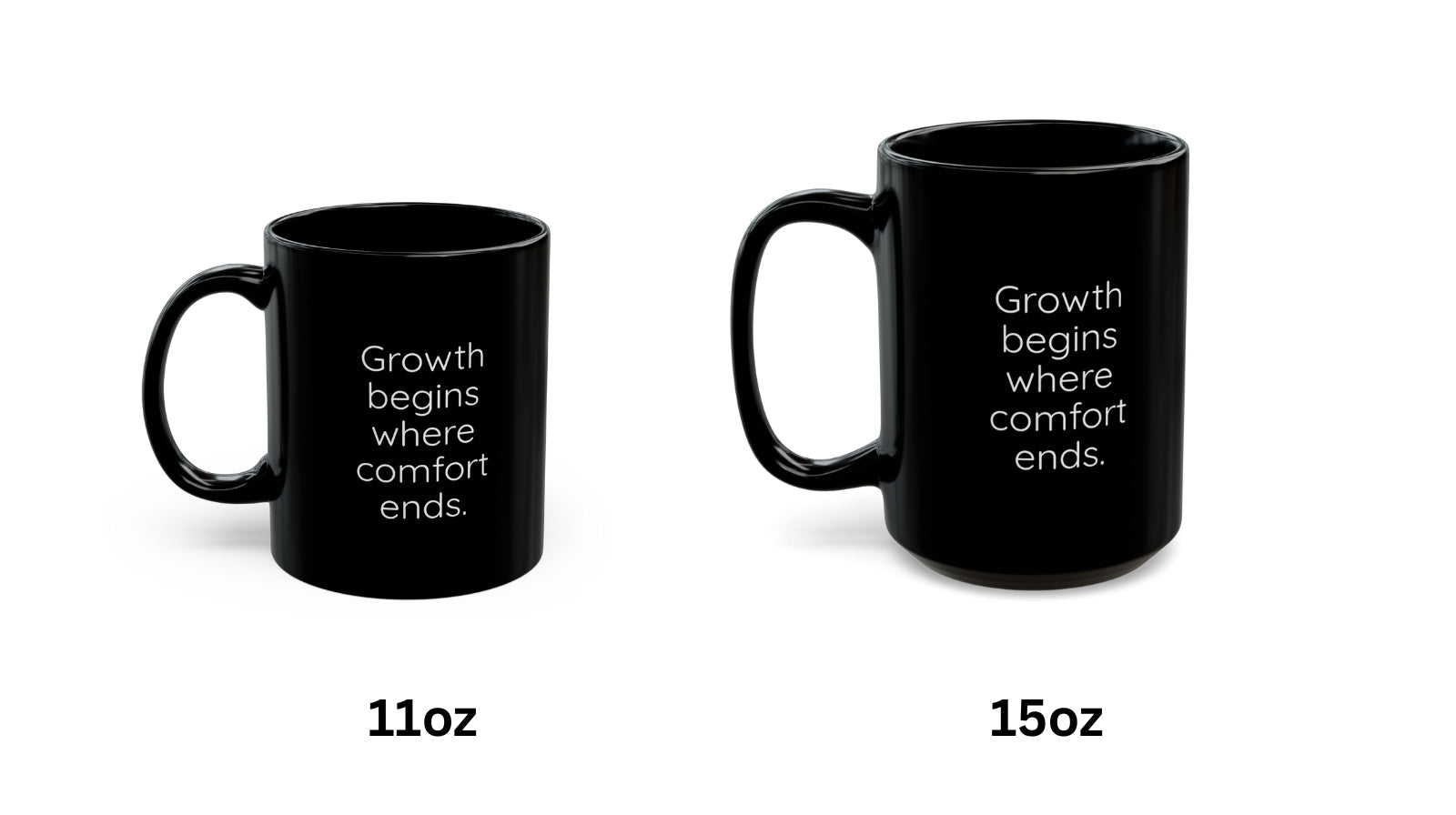 Two black mugs with text on a white background