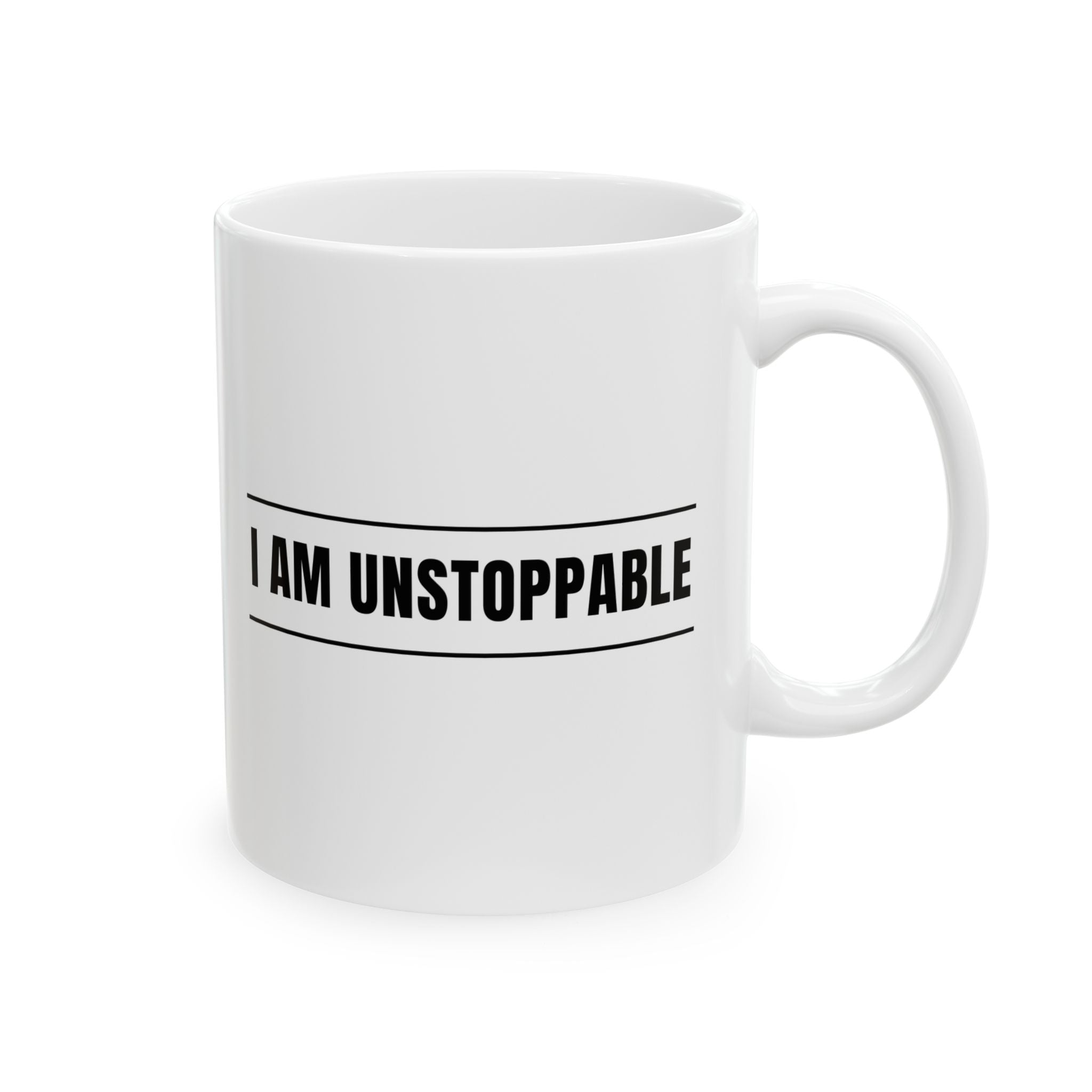 Motivational coffee mug in white ceramic featuring ‘I Am Unstoppable’ phrase.