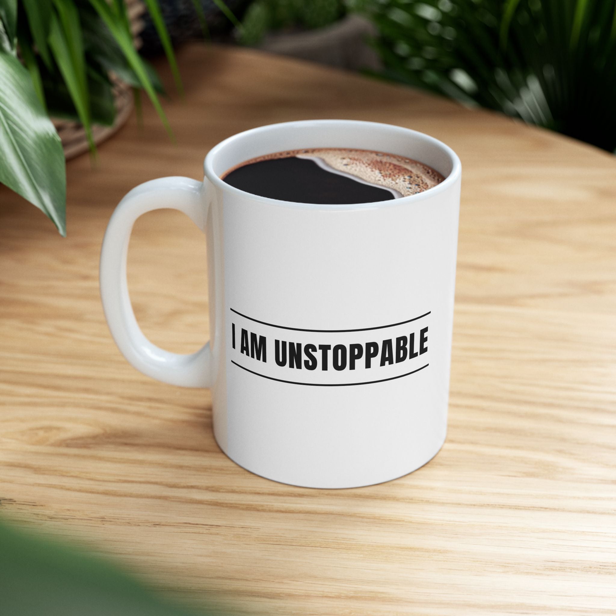 Inspirational white mug with ‘I Am Unstoppable’ text, perfect gift for daily motivation.
