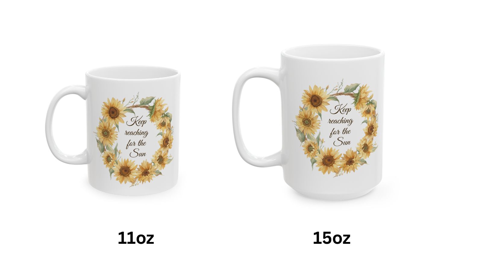 Two white mugs with sunflower designs and text on a white background