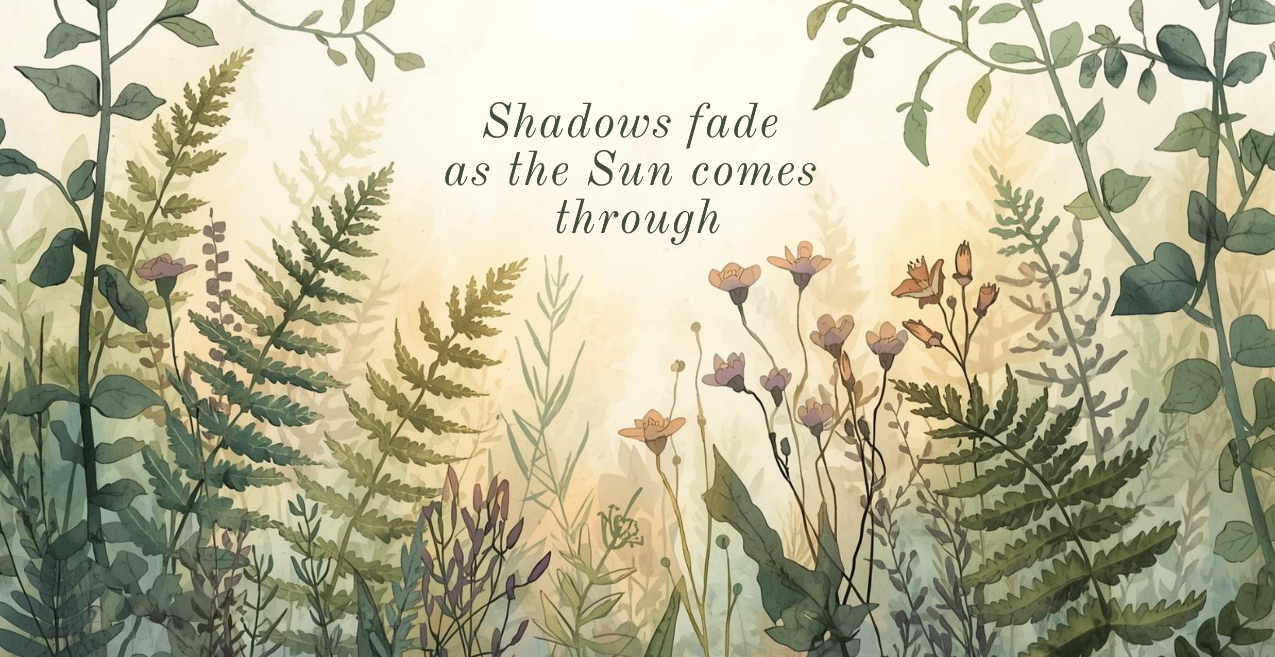 Illustration of plants with a quote 'Shadows fade as the Sun comes through'