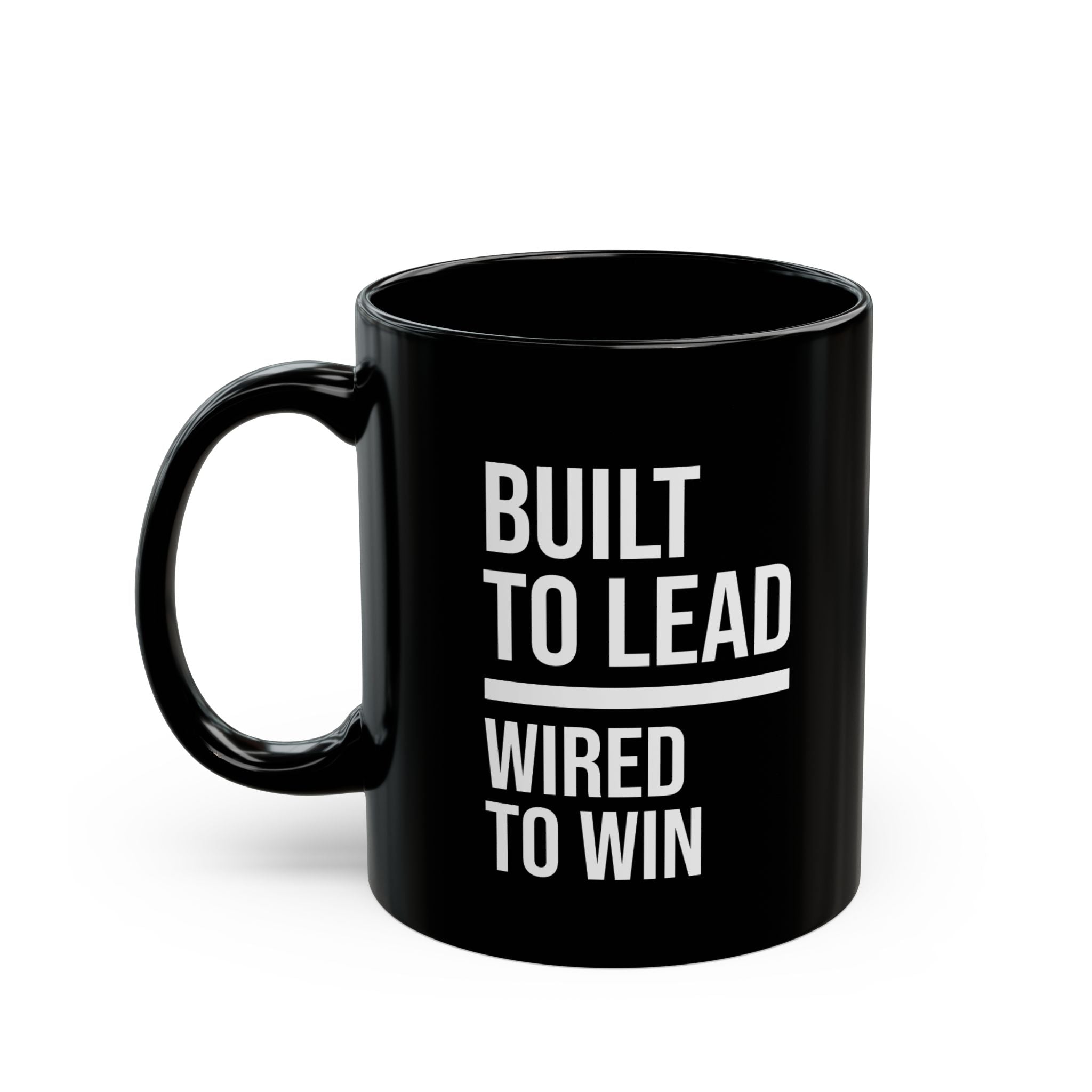 Black mug with 'Built to Lead, Wired to Win' text on a white background