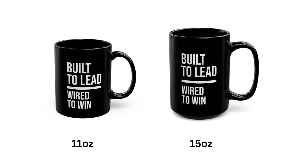 Two black mugs with white text on a white background
