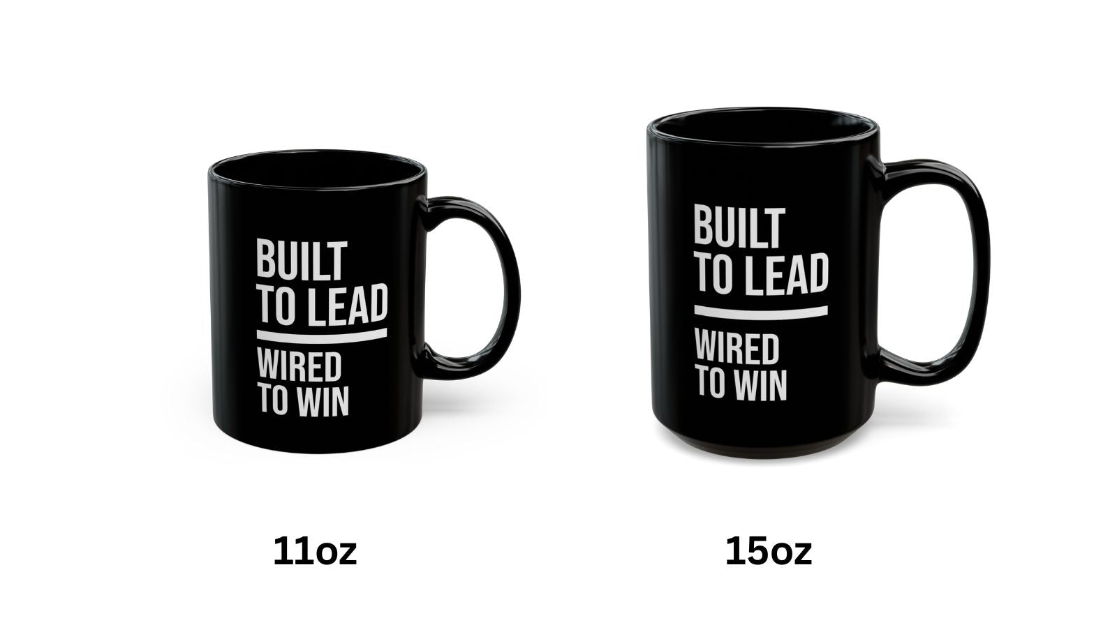 Two black mugs with white text on a white background